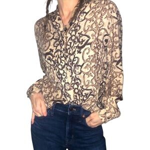 Vintage 90's Silk Blouse Top Sz L 12 Abstract Print Button Down L/S Classic Boho